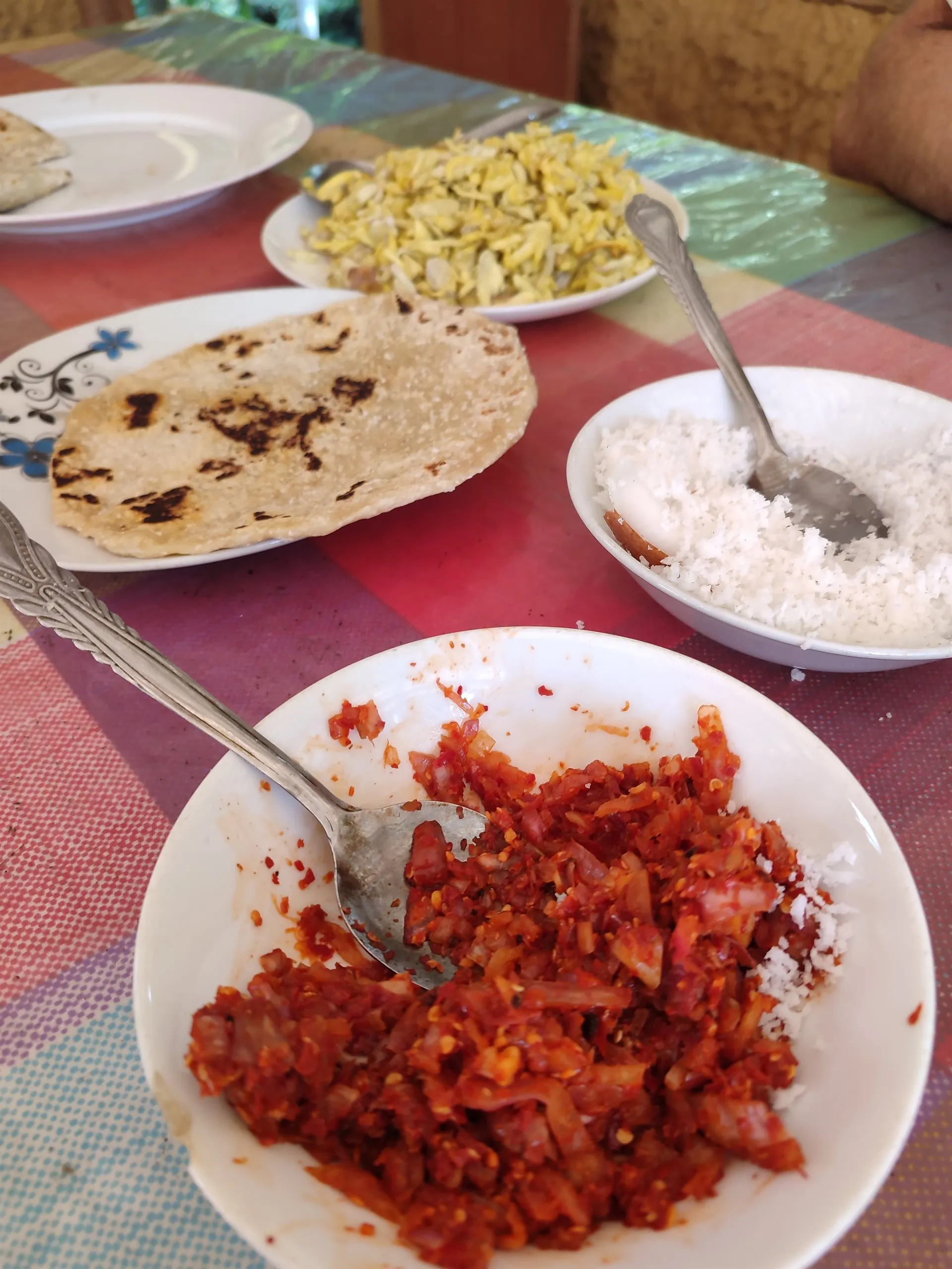 Roti mit frisch geraspelter Kokosnuss und Zwiebel-Sambol auf einem Dorftisch