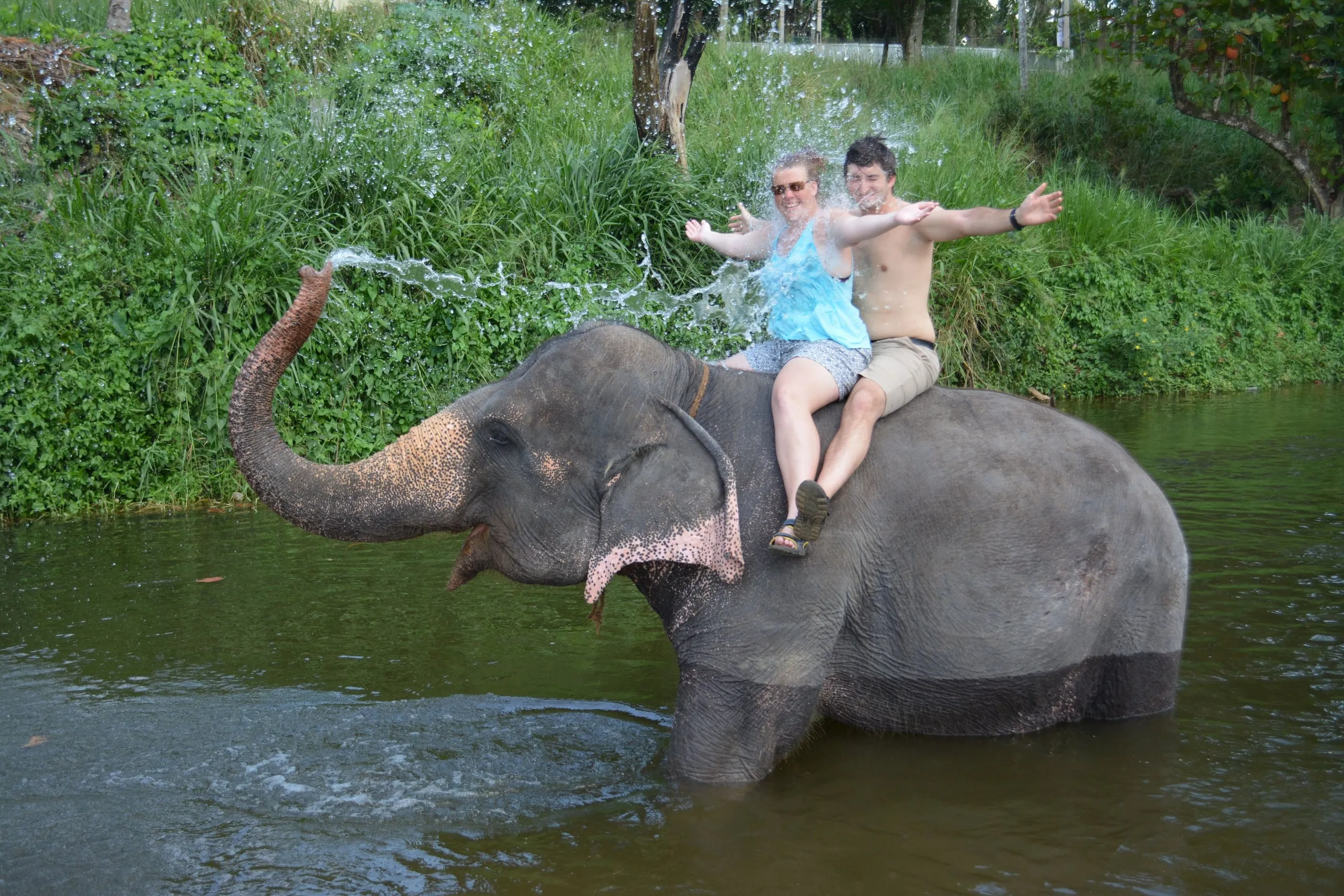 Das Paar sitzt auf einem Elefanten im Fluss von Pinnawala, der sie mit Wasser bespritzt